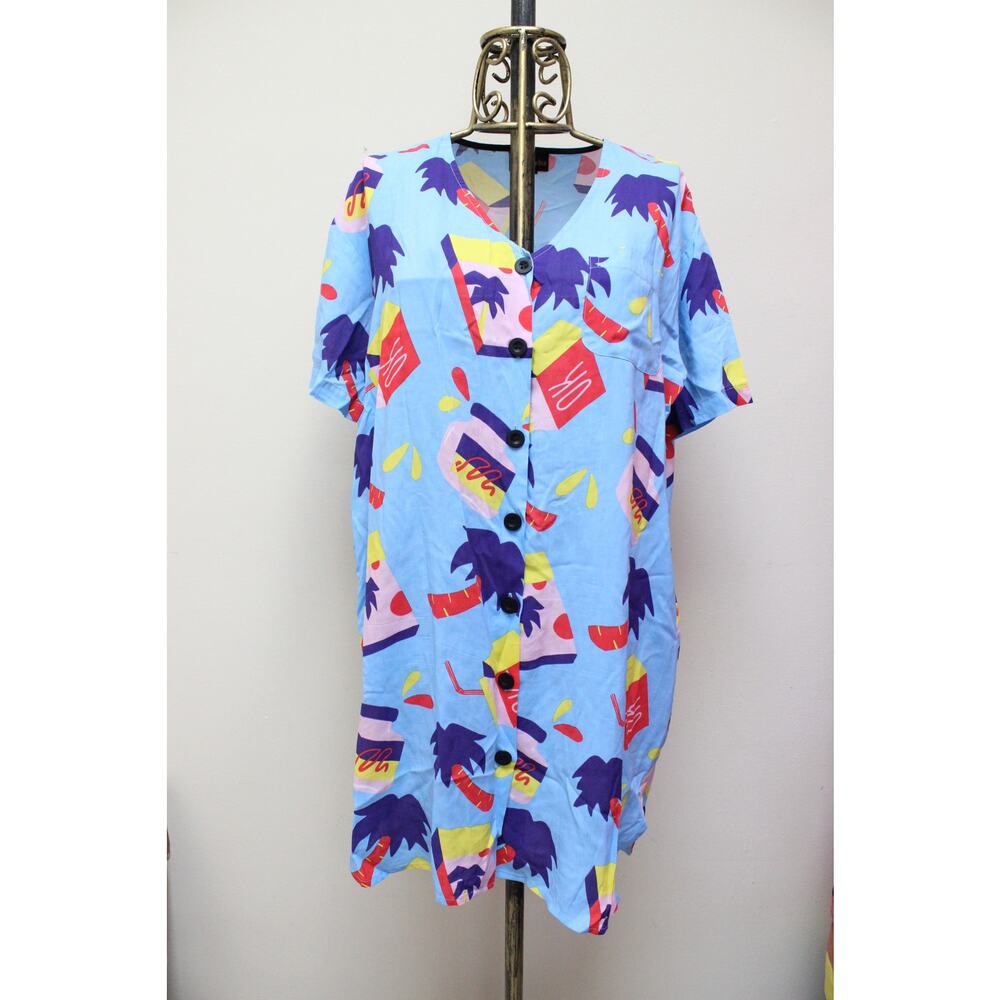 Nooworks Blue Snacks Palm Tree Button Down Shirt Dress Size Medium